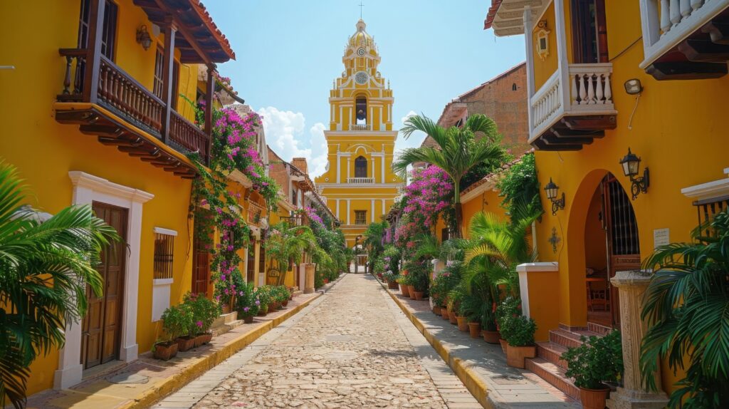 Cobblestone street lined with yellow colonial buildings and bougainvillea leading to a church tower in the walled city of Cartagena, Colombia.