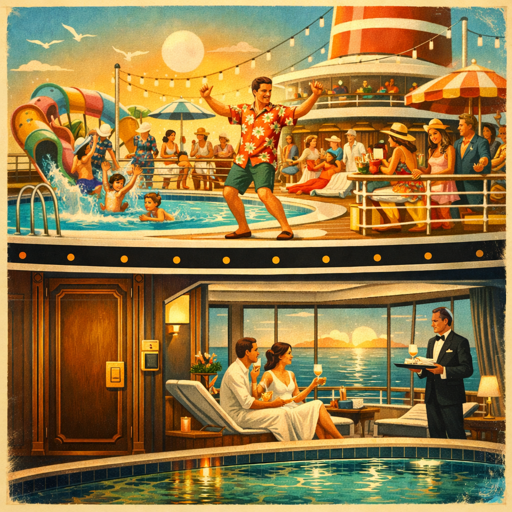 Illustrated split view of a lively cruise ship deck above and an elegant luxury suite below, showing two different cruise experiences on the same ship