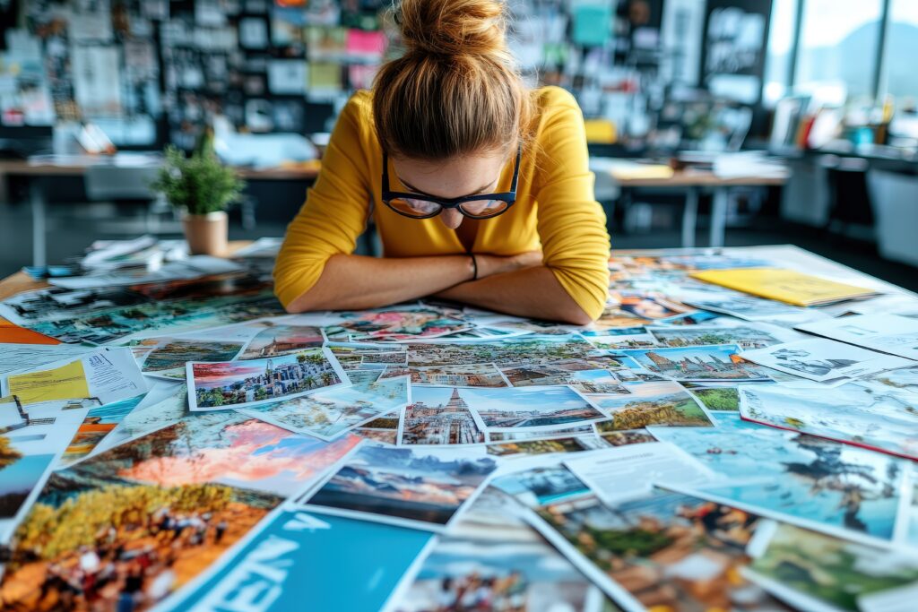 Woman overwhelmed by travel photos spread across a desk, head down on her arms, surrounded by destination images and brochures.
