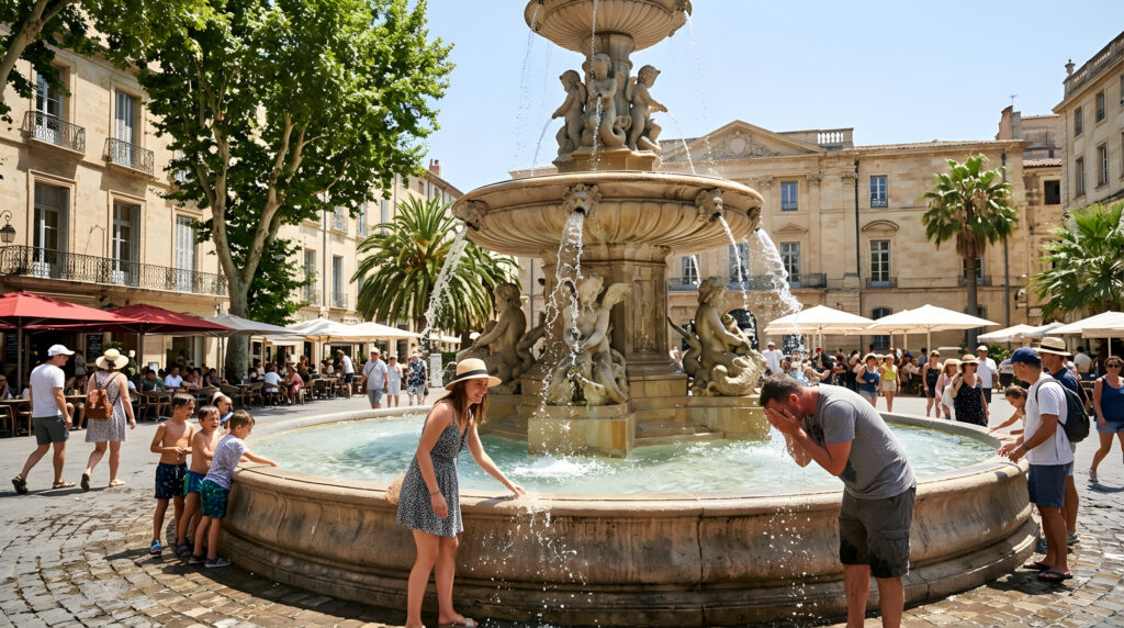 People cooling off at a large ornate stone fountain in a sunny European city square. Tourists and locals enjoying water on a hot summer day