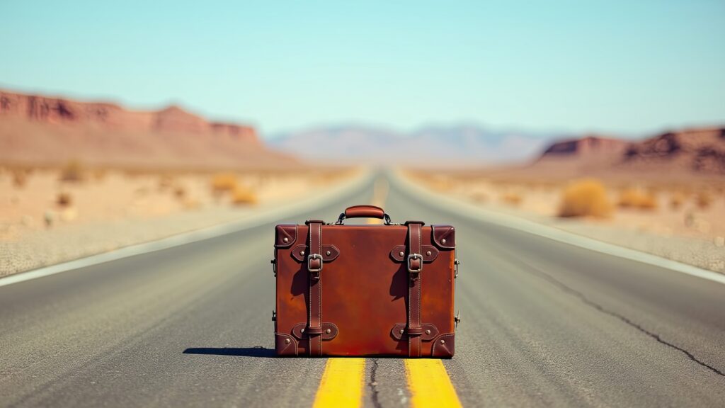 A Vintage Suitcase Rests in the Center of an Empty Desert Road During Bright Daylight, Symbolizing Adventure and Travel Possibilities