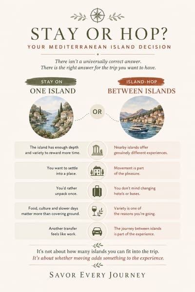 Stay on one Mediterranean island or island-hop? A comparison of when to settle in and when moving between islands adds to the experience.